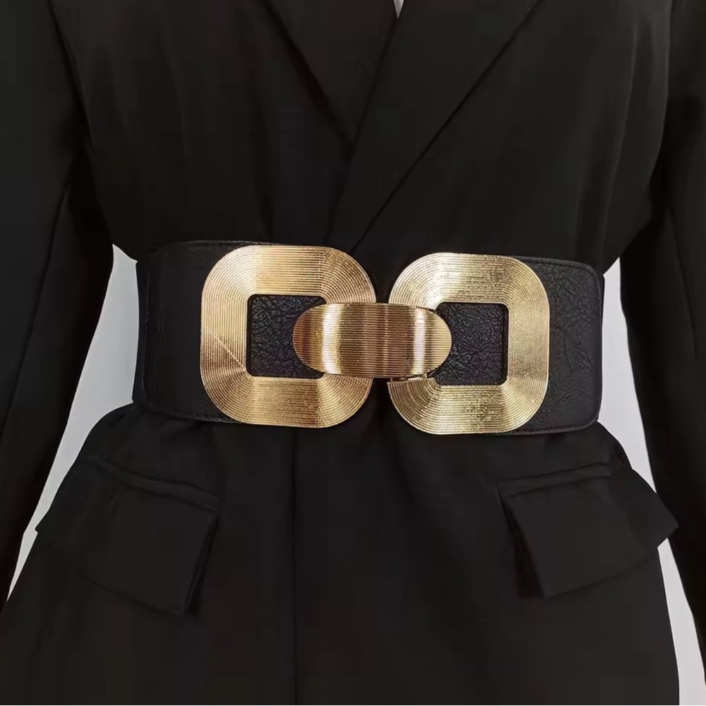 Gorgeous Gold and Black Large Square Elastic Women's Belt